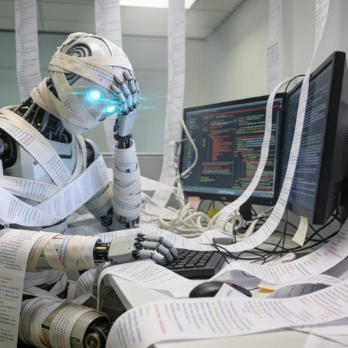 Ein überforderter, in Code-Ausdrucken verhedderter Roboter, programmiert.