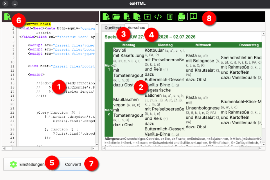 Screenshot des Programms "eaHTML" mit numerierten Markierungen