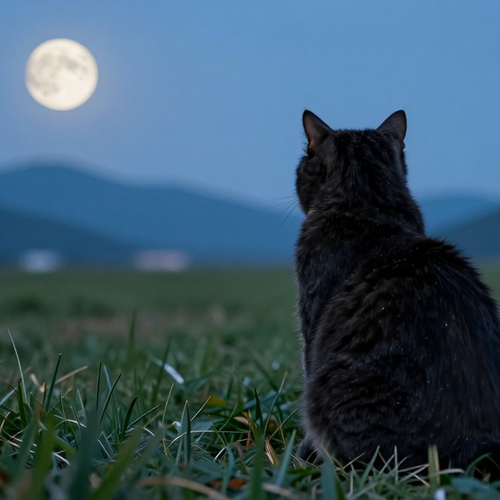 Eine Kratze auf einer Wiese schaut Mond und Berge im Hintergrund an.