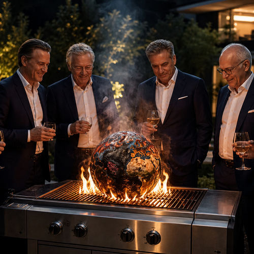 Eine Gruppe offensichtlich wohlhabender Männer steht um einen Grill, auf dem eine Erdkugel verbrannt wird.