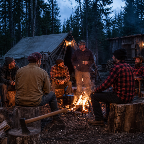 A goup of men around a campfire.