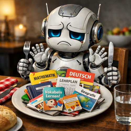 Ein Roboter vor einem Teller mit Schulbüchern. Er mag nicht essen.