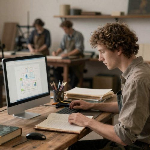 Ein Layouter sitzt an einem modernen PC in einer sehr alten Werkstatt.